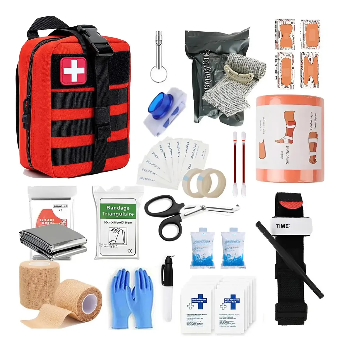 Universal Emergency First Aid Kit - Comprehensive 100+ Piece Medical Supplies with Portable Molle Pouch for Travel, Camping, and Outdoor Survival, Red