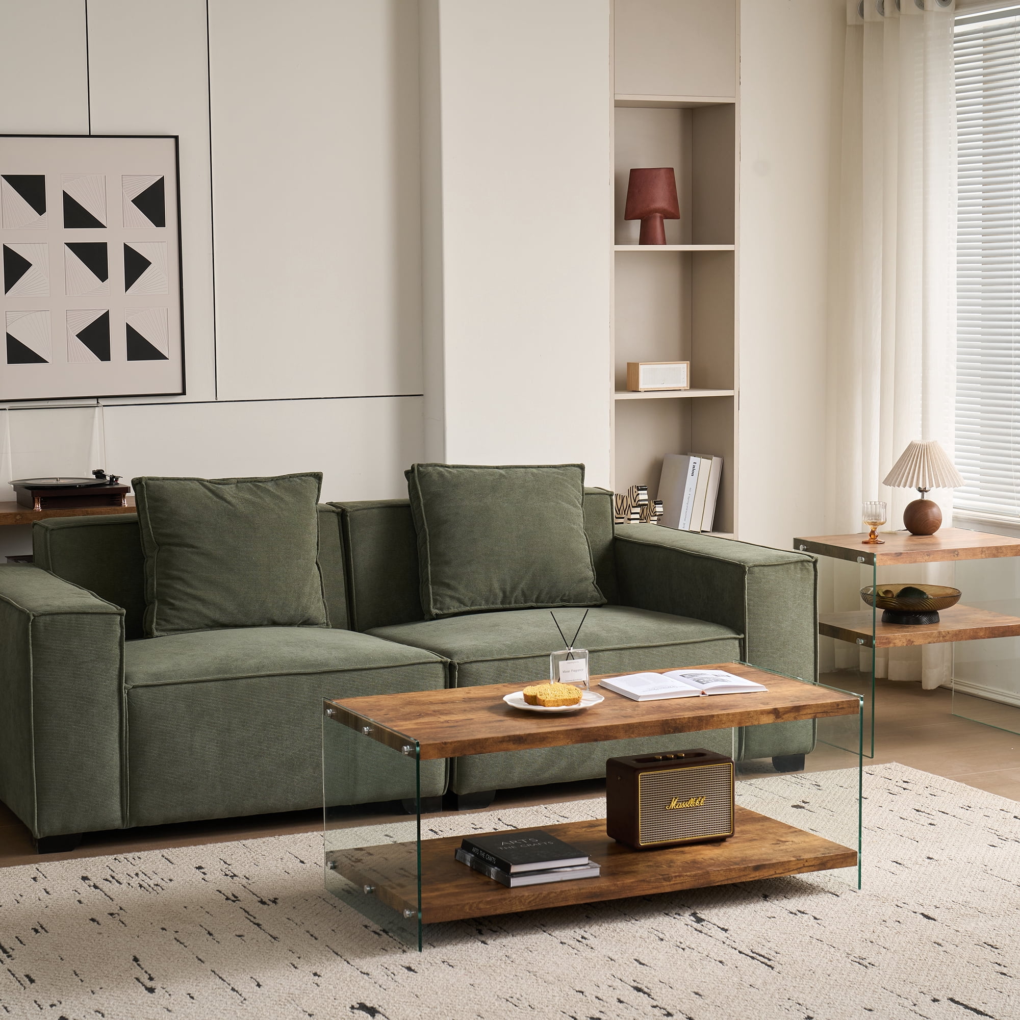 MDF Coffee Table, Small Tea Table with Tempered Glass Top and Walnut Finish, Living Room Sofa Table for Home Office Restaurant Outdoor, Easy to Clean and Safe with Rounded Edges