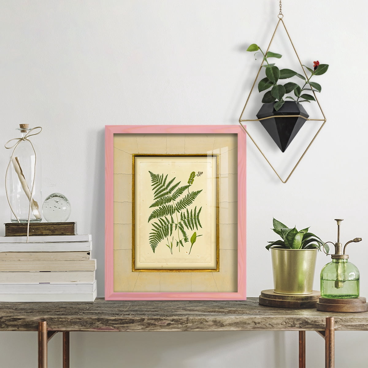 Fern with Crackle Mat (H) IV - Framed Print w/glass - Sunset Pink