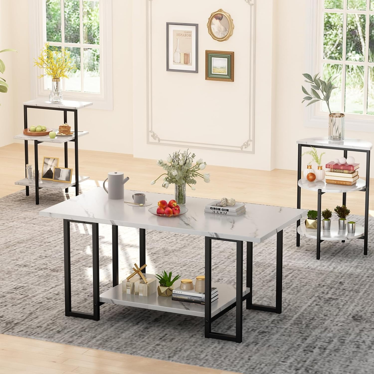 Cvortll Coffee Table Set of 3, Rectangle Faux Marble Tabletop & 2 Tiered Side Tables, Multi-Level Storage for Living Room（White & Black）