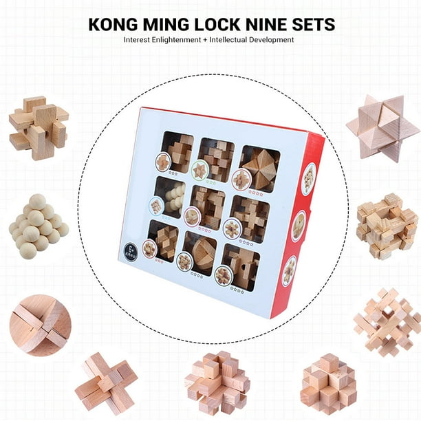 9 piezas de rompecabezas de madera, rompecabezas de prueba de inteligencia, juguete Kong Ming Lock, rompecabezas de desenredo, juguete para desbloquear, juego de enclavamiento para niños y adultos