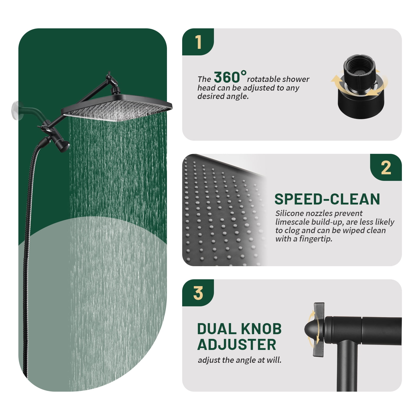 Cobbe 12'' High Pressure Rain Shower Head with Extension Arm, Dual Shower Heads with 8 Modes Handheld Spray Combo,  Matte Black
