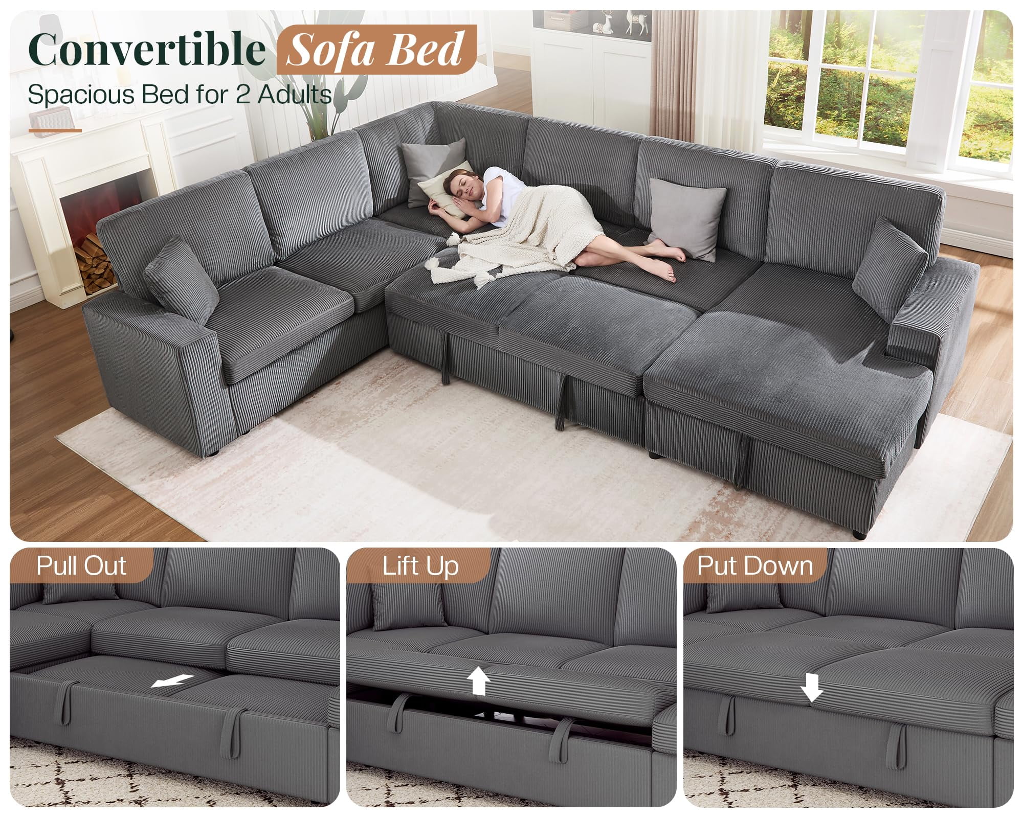 VanAcc 130" Sofa Bed, Sleeper Sofa, Pull Out Sleeper Couch with Storage, Convertible 6-Seater for Living Room, Corduroy Grey