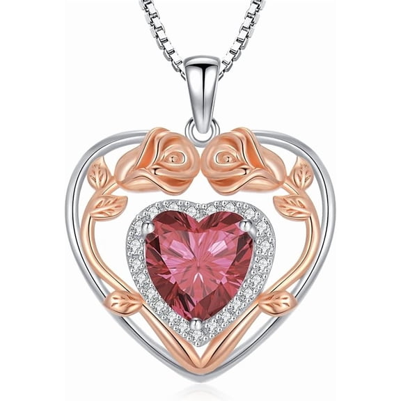 JKR 925 Sterling Silver Heart Rose Pendant Necklace with 12 Birthstone Jewelry Birthday Anniversary Mothers Day Gifts for Women Her Wife Girlfriend Mom