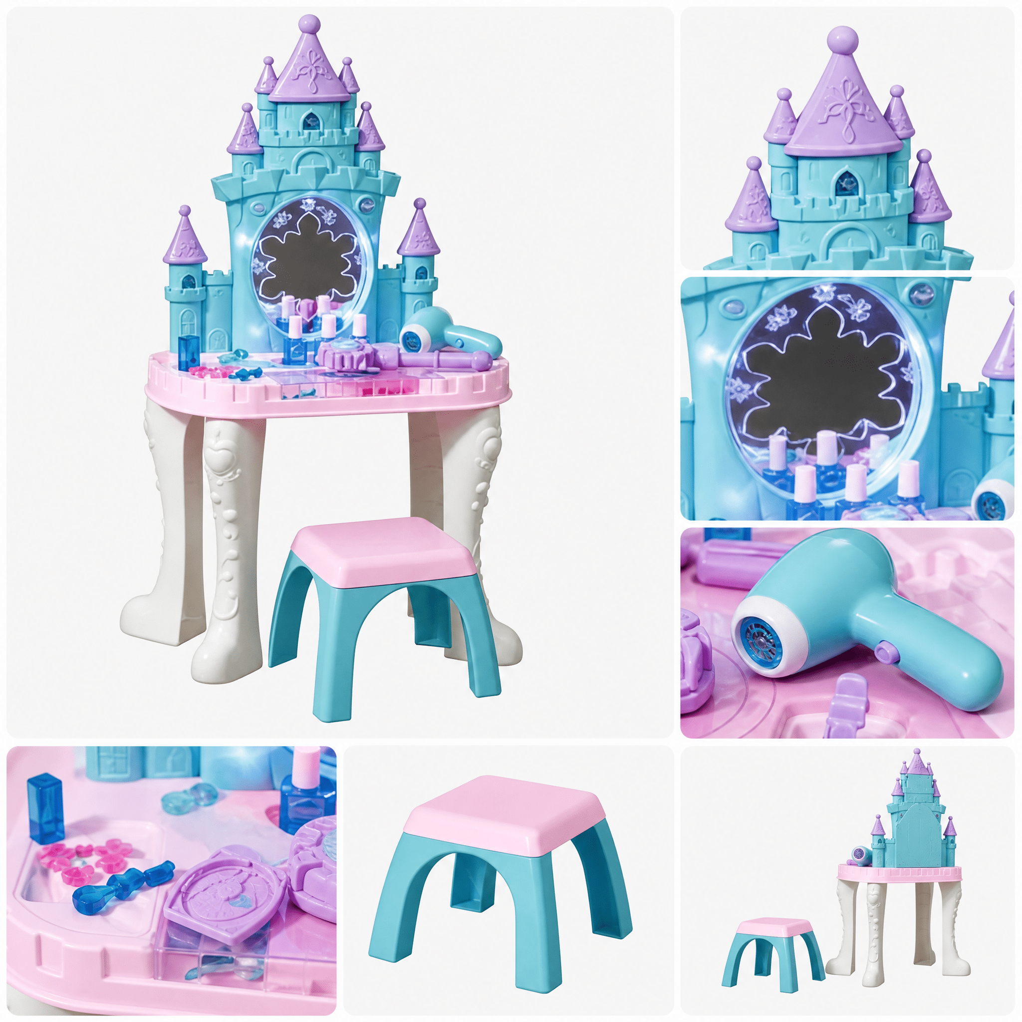 Girls Vanity Set, Castle Design Makeup Table with Mirror, Stool, Light, Music for 3-6 Years Old, Multicolor