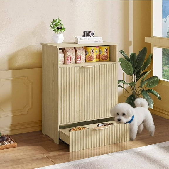 EROMMY Pet Feeding Station, Dog Food Storage Cabinet Container with Raised Bowls, for Toy Feeding Watering Supplies, Natural Oak