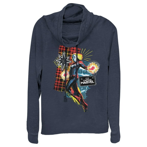 Junior's Marvel Captain Marvel Flannel Patch Print Cowl Neck Sweatshirt Navy Blue 3X Large