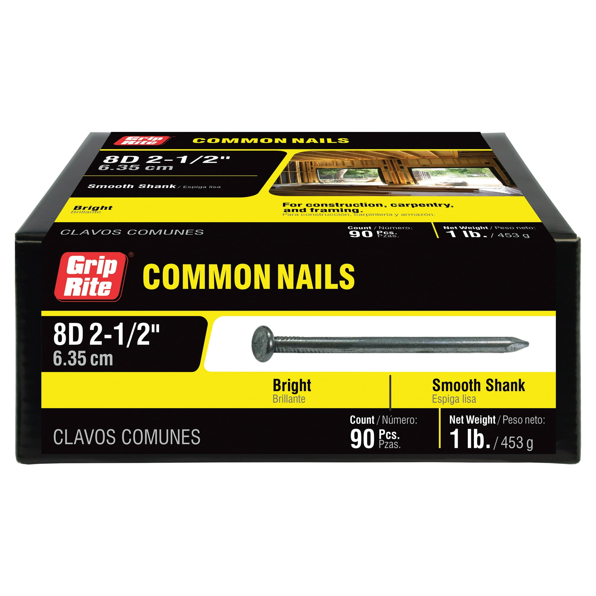Grip-Rite #10-1/4 x 2-1/2 in. 8-Penny Bright Steel Smooth Shank Common Nails 1lb.