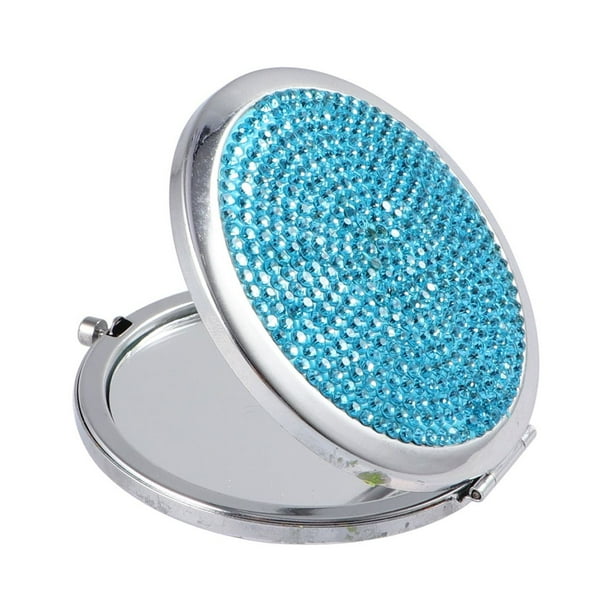 EeaseMX 1 espejo plegable creativo de doble cara, espejo cosmético portátil con diamantes de imitación para niñas y mujeres, color azul cielo.
