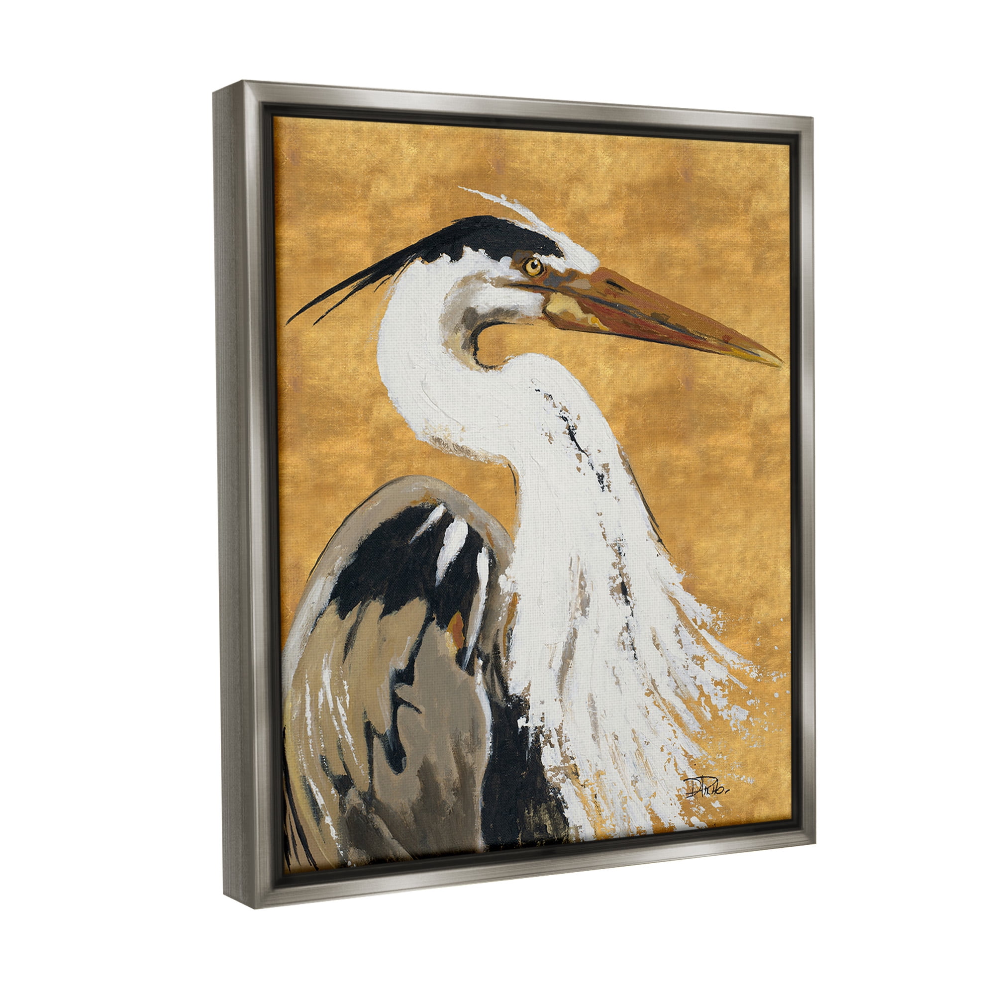 Stupell Industries Heron on Gold Pattern Animals & Insects Painting Gray Floater Framed Canvas Art Print Wall Art, 17 x 21