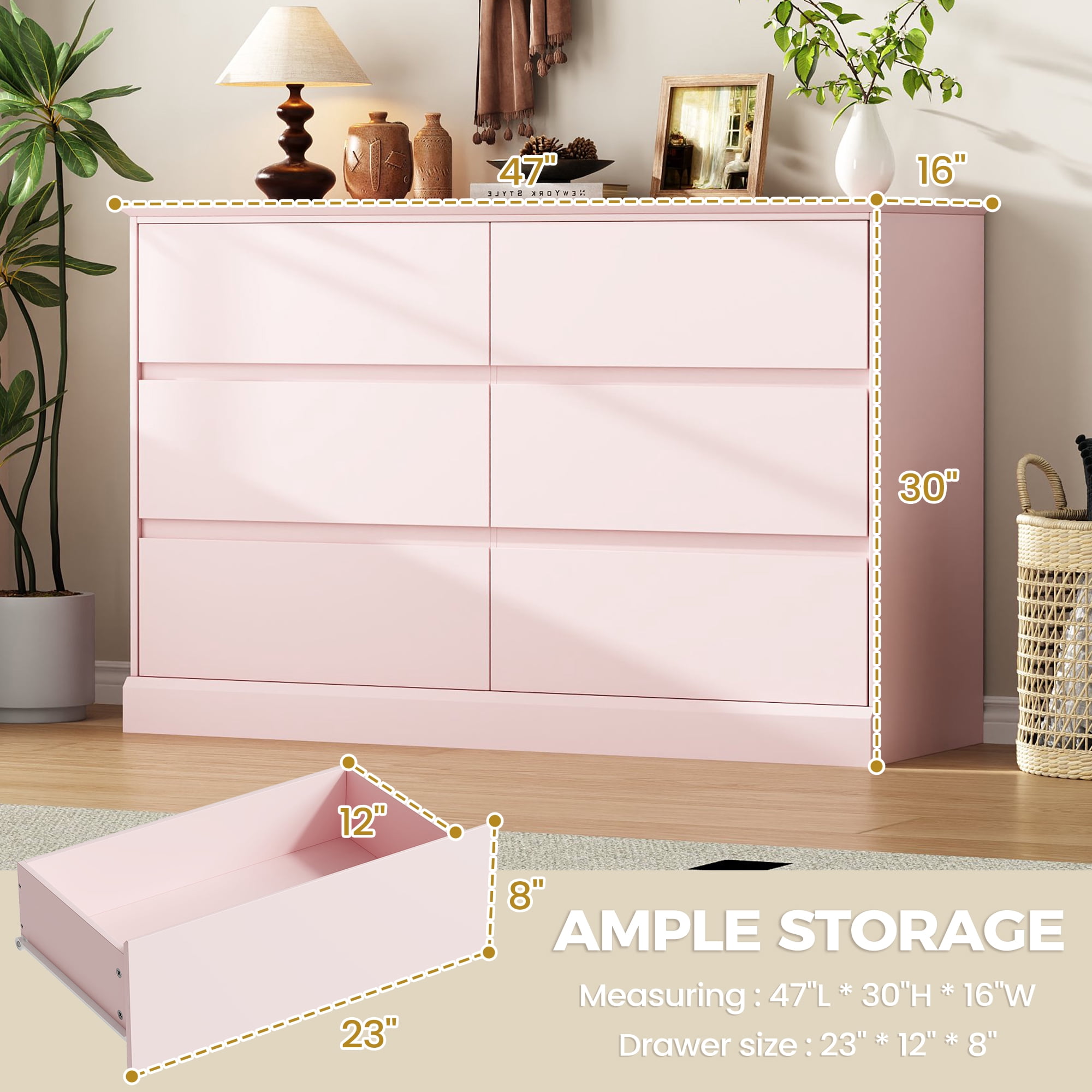 6 Drawer Dresser for Bedroom, White Dresser Double Chest of Drawers, Modern Wood Dressers with Deep Drawers for Living Room,Pink