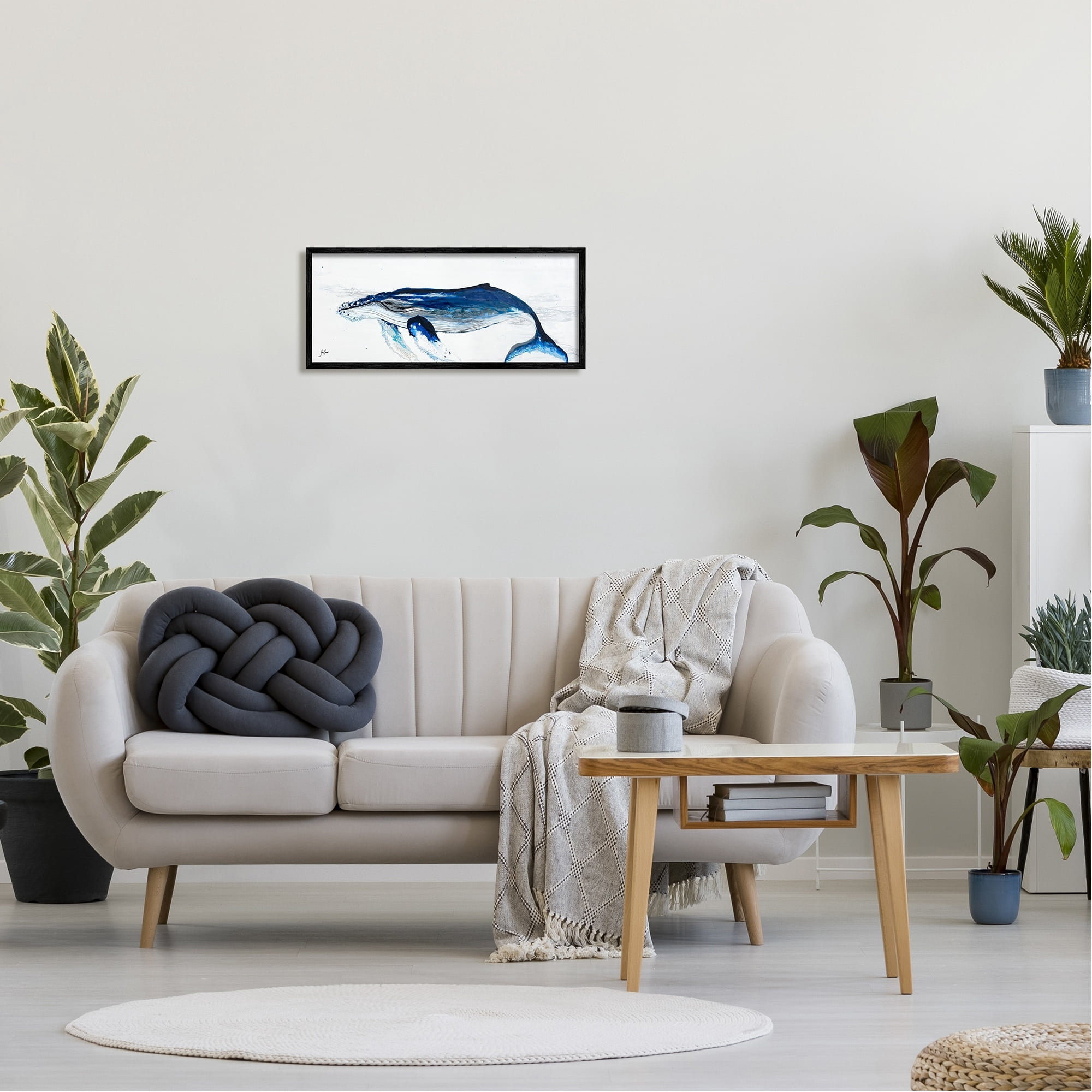 Stupell Industries Vivid Blue Whale Swimming Marine Animal Sea Life Graphic Art Black Framed Art Print Wall Art, Design by Stacy Gresell