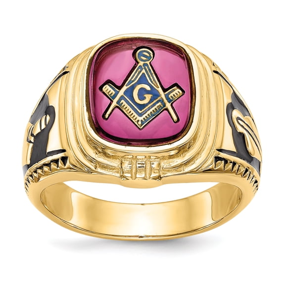 14k Men's Synthetic Ruby Masonic Ring