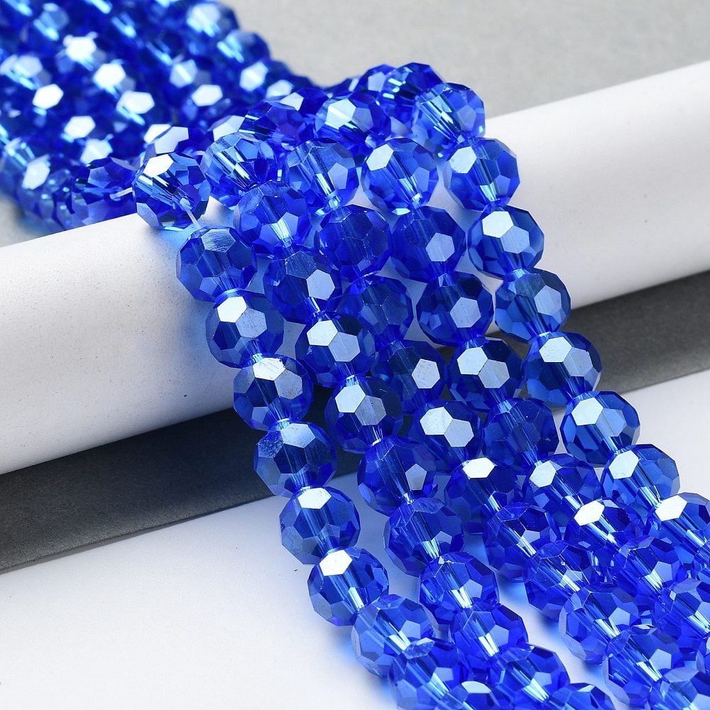10strands Electroplate Glass Bead Strands Pearl Luster Faceted(32 Facets) Round Blue 8x7mm