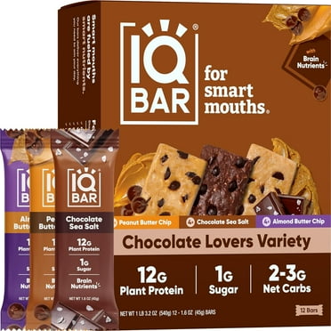 Brain and Body Plant Protein Bars - Chocolate Lovers Variety - 12 Count, Low Carb, High Fiber, Gluten Free, Vegan Snacks - Low Sugar Keto Bars