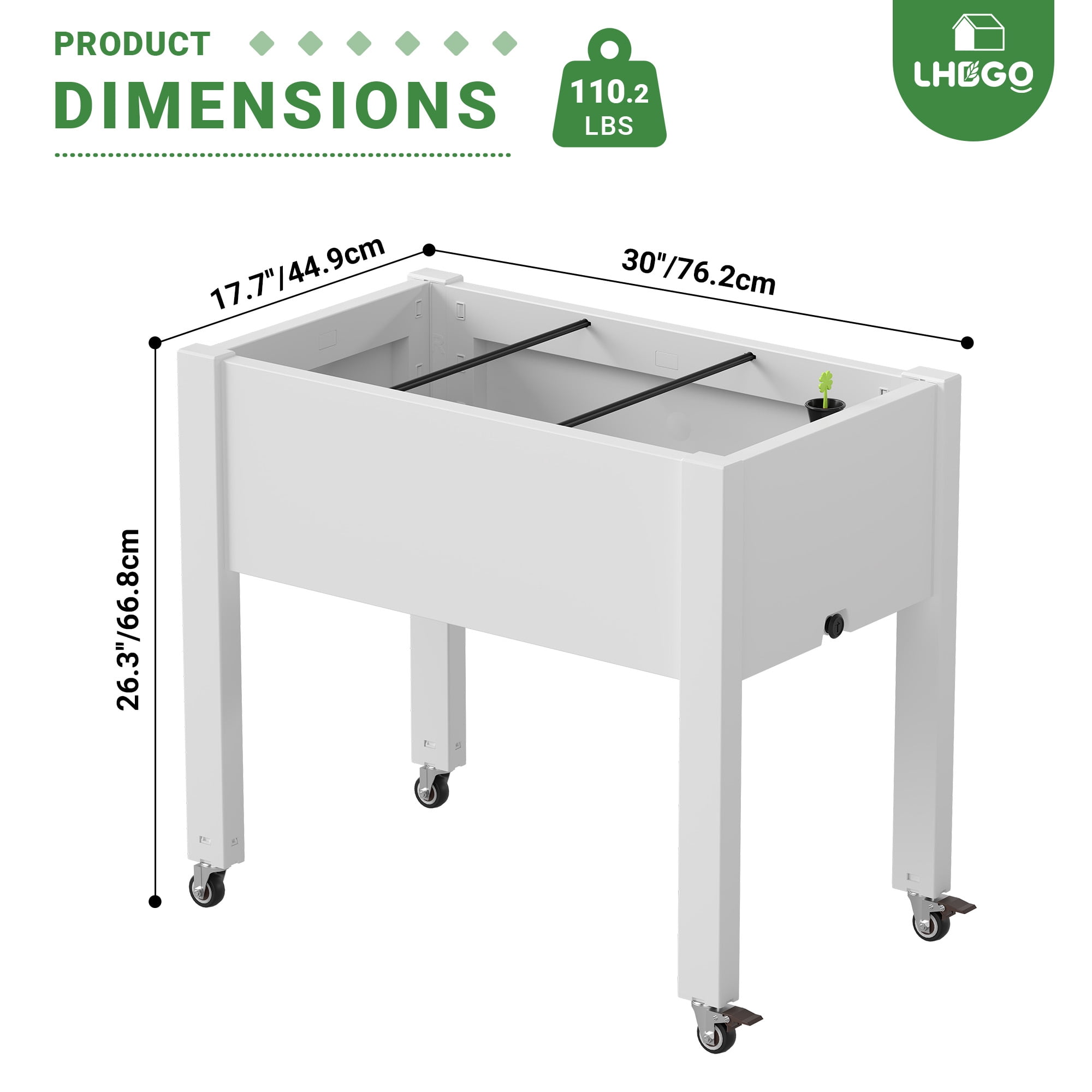 Nihsuao 30in Large Raised Garden Bed with Wheels, Outdoor Elevated Planter with Weatherproof Resin, Effective Drainage for Backyard, Patio and Balcony, White