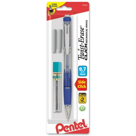 Pentel Twist-Erase CLICK Mechanical Pencil, (0.7mm) Clear Barrel, Asst Grip Colors with Lead and (2) Erasers, 1-pk Carded