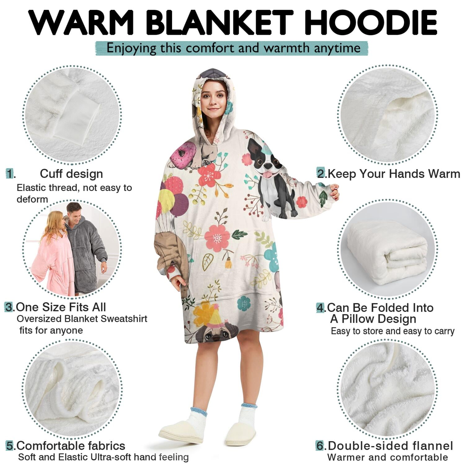 Wearable Oversized Blanket,Dogs with Party Hats and Flowers Wearable Blanket Hoodie for Adults,Cozy Hooded Blankets with Super Pockets,Super Warm Fuzzy Pullover for Women & Men