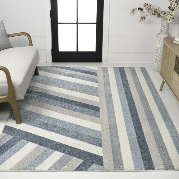JONATHAN Y DAZZLE 8 x 10 Area Rug, Retro Rainbow Stripe - Blue/Cream/Gray, DZC102B-8