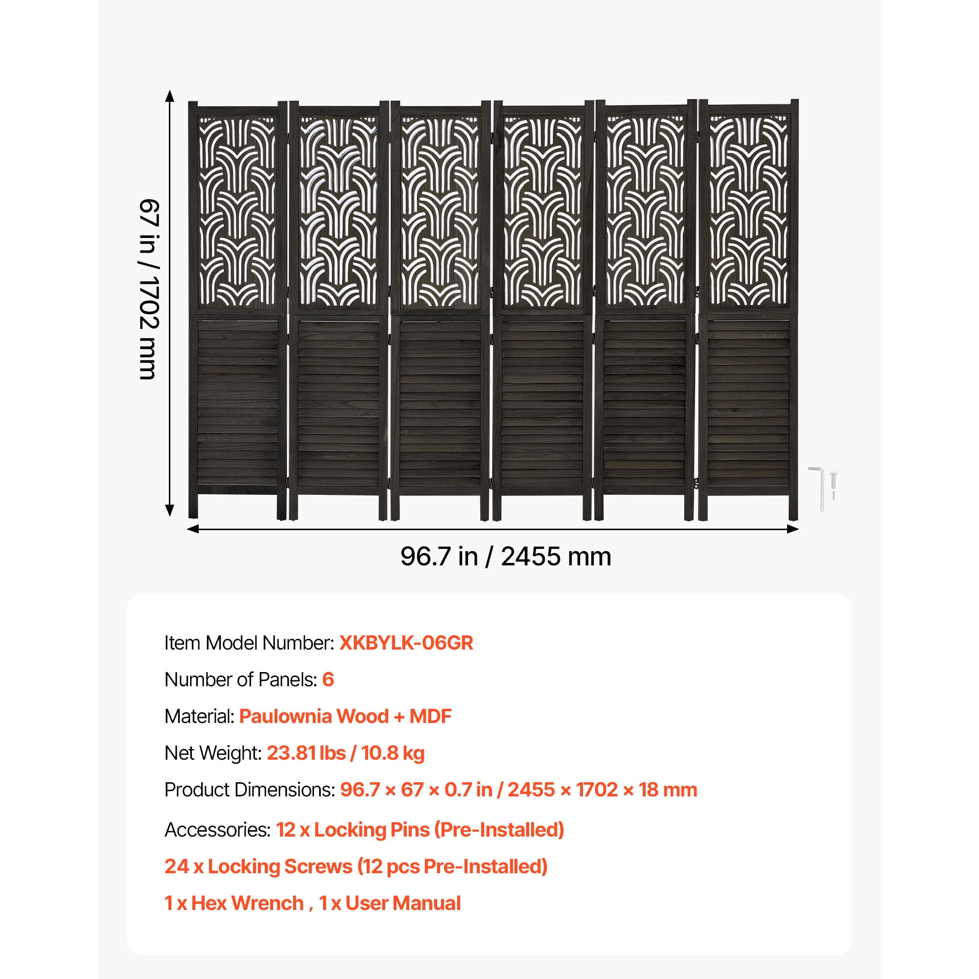 KFFKFF 6-Panel Wooden Room Divider, 67-Inch Folding Privacy Screen for Home Decoration and Space Separation, Durable Frame, Two-Way Hinges, Easy Setup, Louvered Partition with Included Hardware