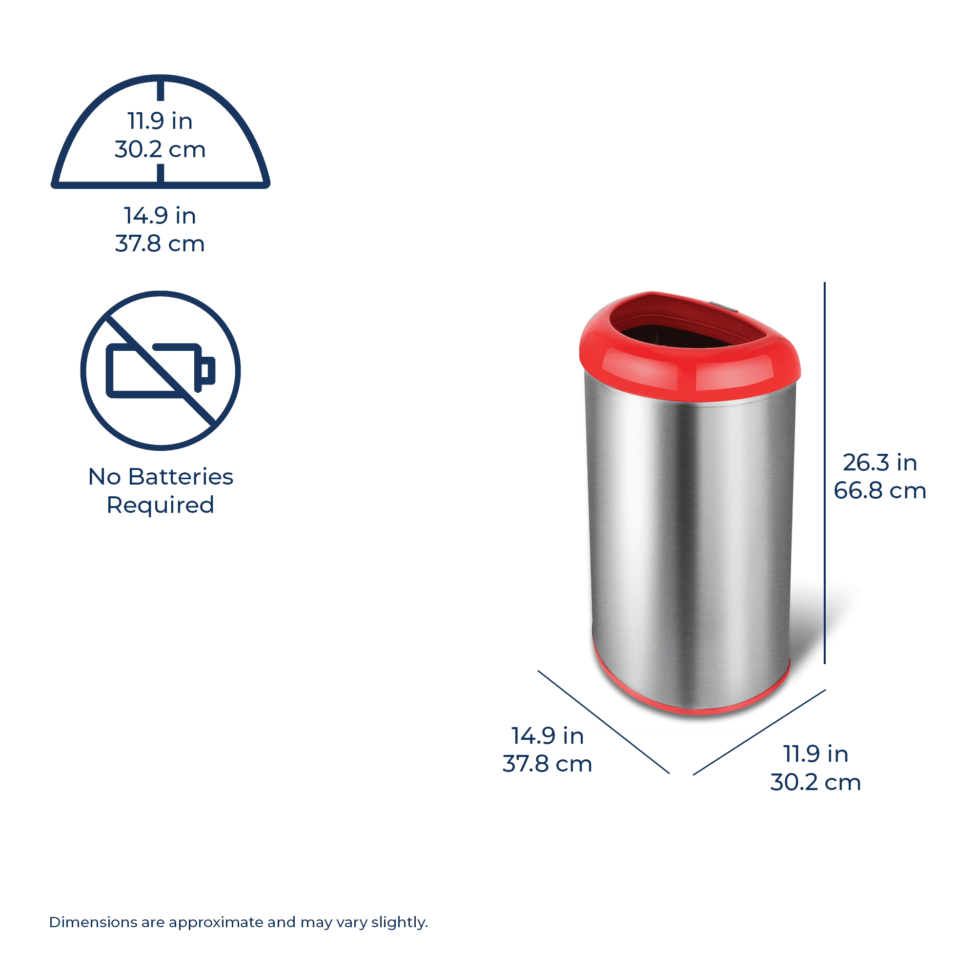 Nine Stars Open-Top Kitchen Trash Can, 13 Gallon Stainless Steel, Hands-Free Waste Bin, Silver and Red