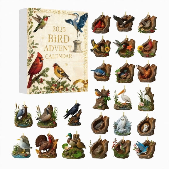 24-Day Rustic Bird Advent Calendar,Vintage Style Ornament Countdown Holiday Gift Set