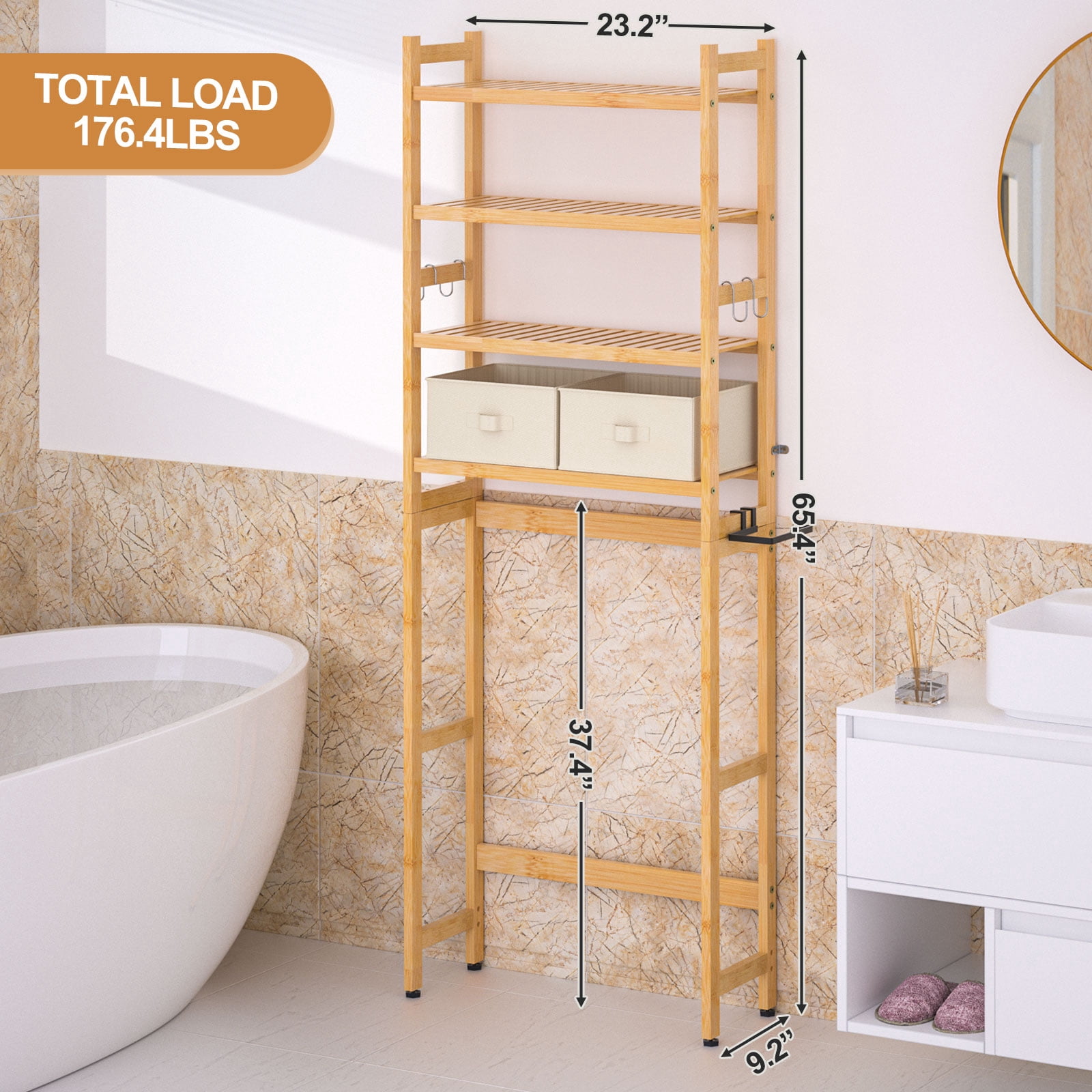 Enogets Over the Toilet Storage, Bamboo Bathroom Shelf Organizer with 2 Baskets & 4 Hooks, 4-Tier Space Saver