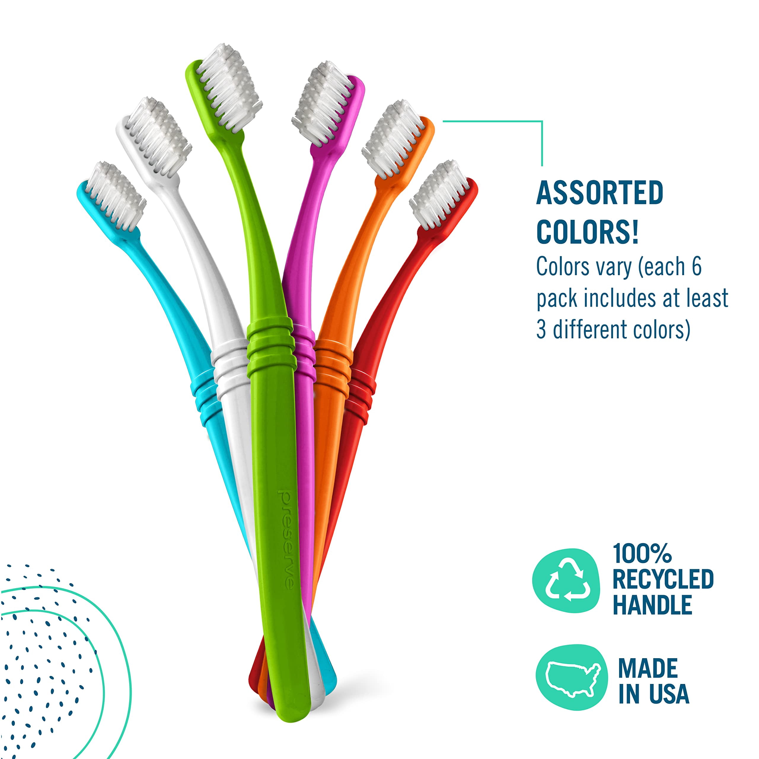 Preserve Eco-Friendly Adult Manual Toothbrush, Soft Bristle, 6 Pack, Assorted Colors