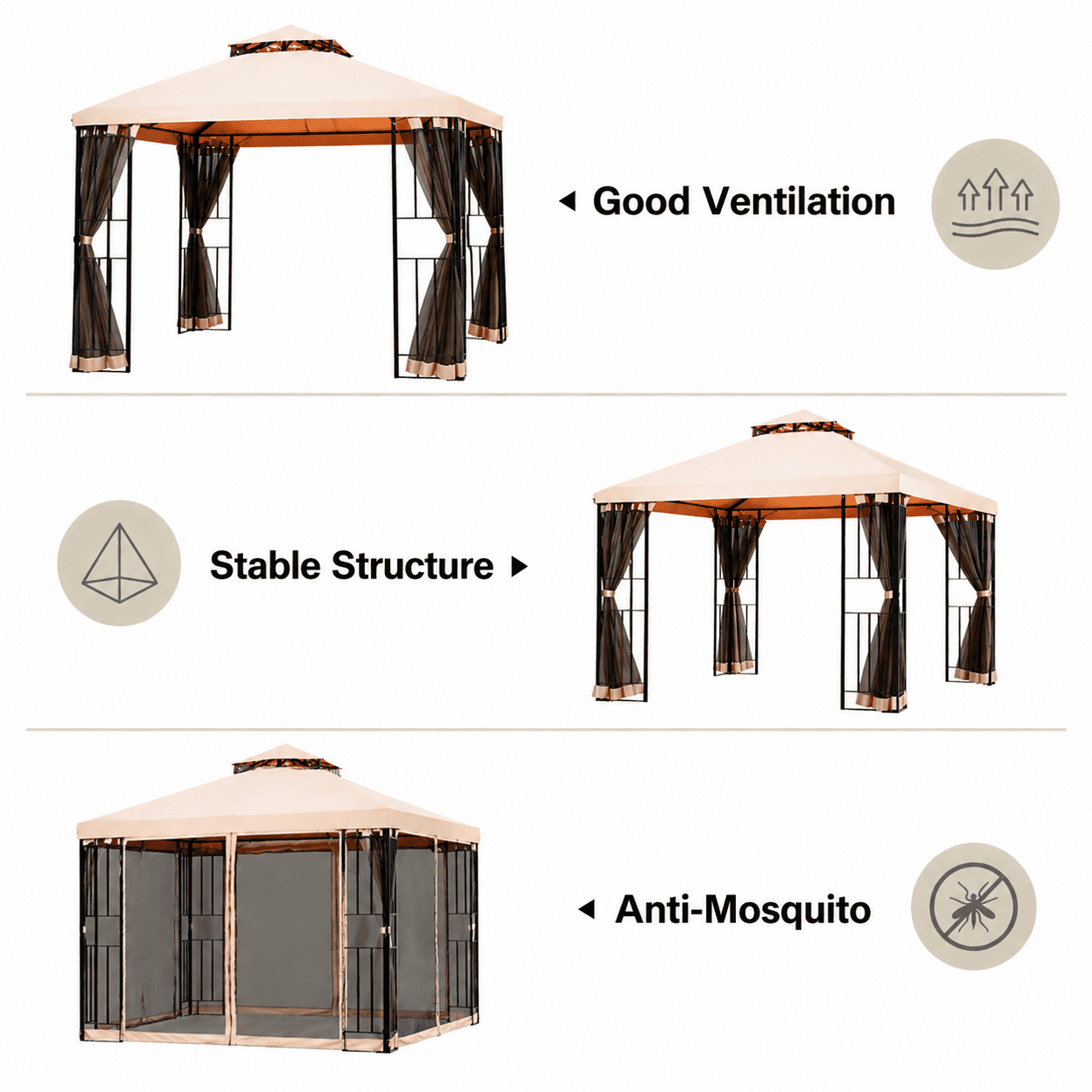 LAUSAINT HOME Patio Gazebo 10'x10',Heavy Duty Gazebos Shelter Party Tent with Double Roofs, Mosquito Nettings for Backyard, Garden, Lawn,(Khaki)