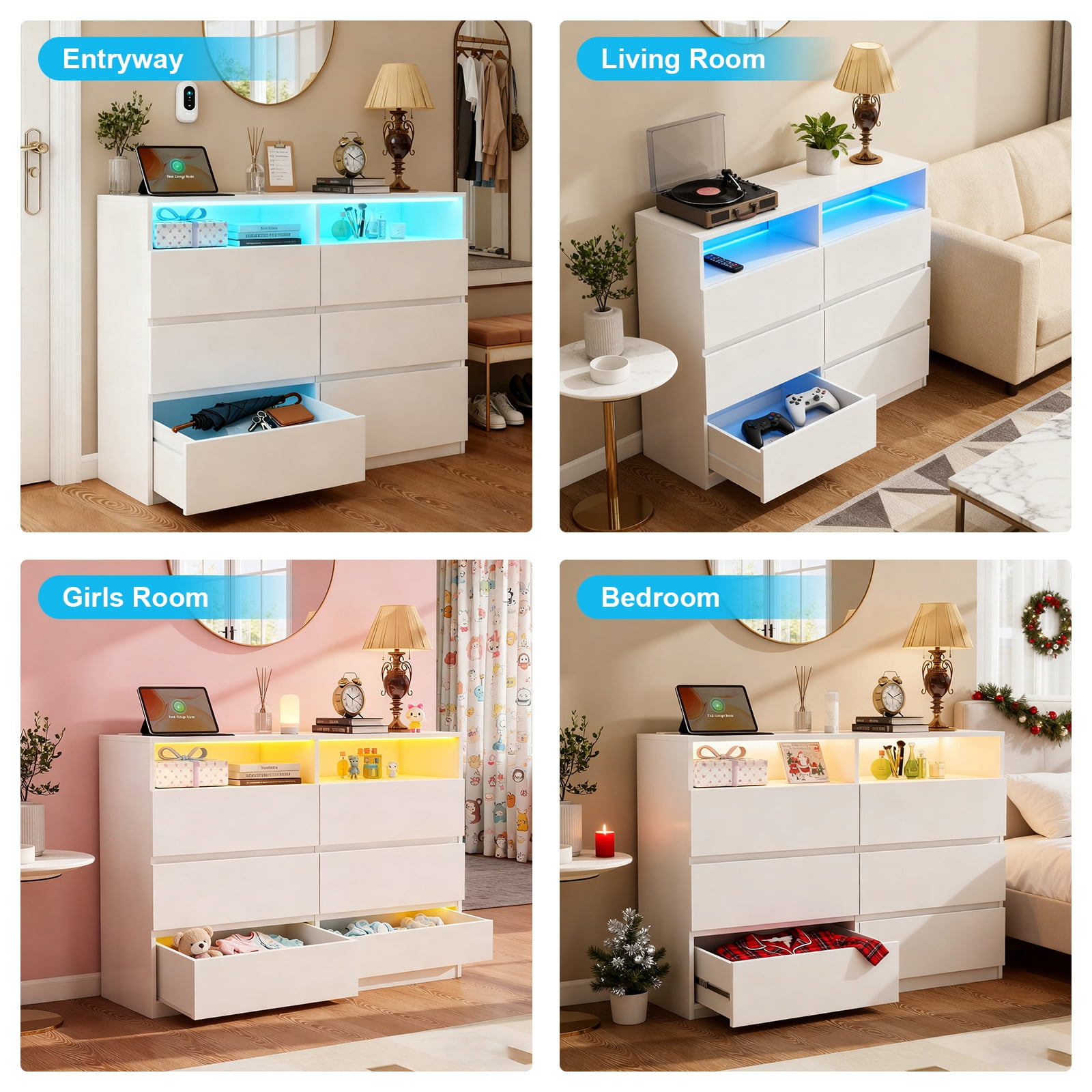 White Dresser 6 Drawer for Bedroom Modern LED Lights Double Dresser Wide Chest of Drawers with Charging Station Storage Wood Cabinet for Bedroom,Entryway