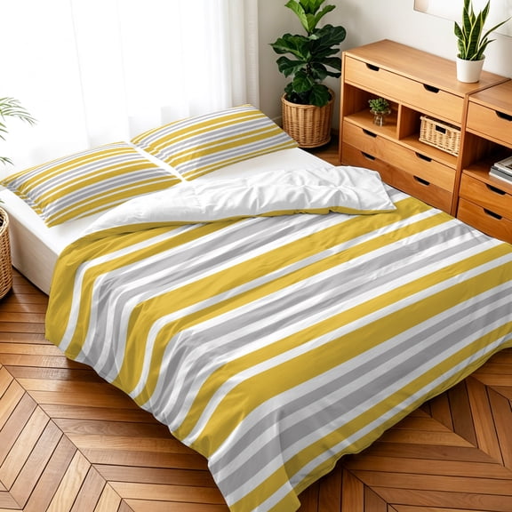 Queen Size 3 Pieces Duvet Cover Sets Classic Modern Stripes Bedding Set,Microfiber Soft Comforter Cover with Pillow Shams,Luxury Quilt Covers for Bedroom Decor Grey White Yellow