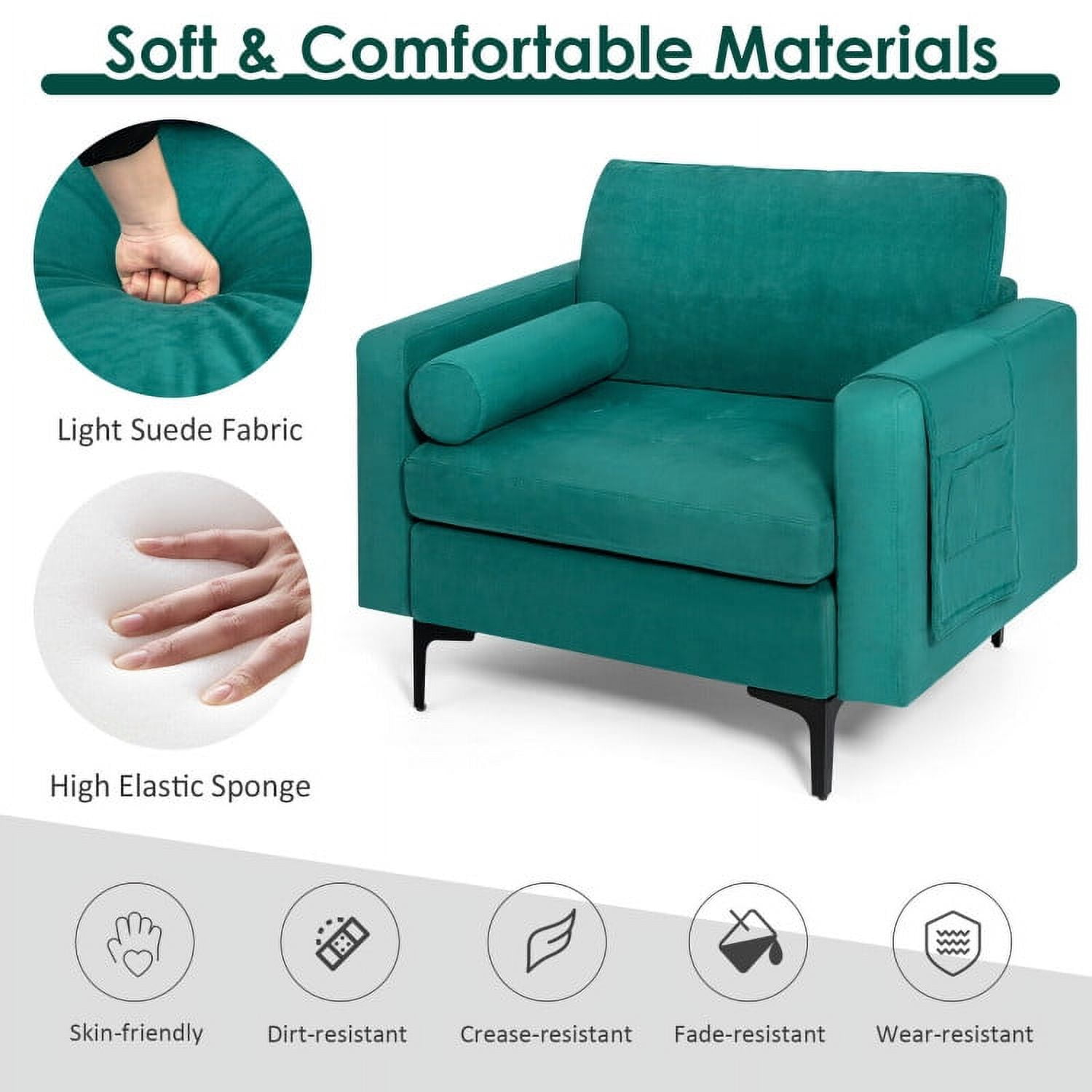 Finihen Upholstered Accent Chair, Modern Accent Chair with Bolster and Side Storage Pocket, for Living Room, Bedroom, Teal