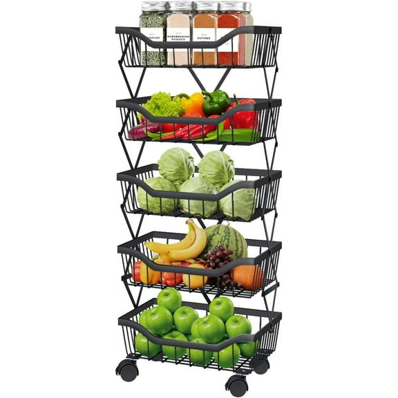 Fruit Vegetable Storage Basket 5 Tiers Stackable Metal Wire Fruit Basket Kitchen Cart with Wheels Vegetable Storage Holder for Onions Potatoes Bread Snack Veggie, Black