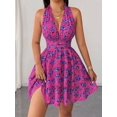 thumbnail image 6 of Hot Pink Floral Print Halter Neck Sleeveless Fit & Flare Mini Dress For Women, 6 of 8