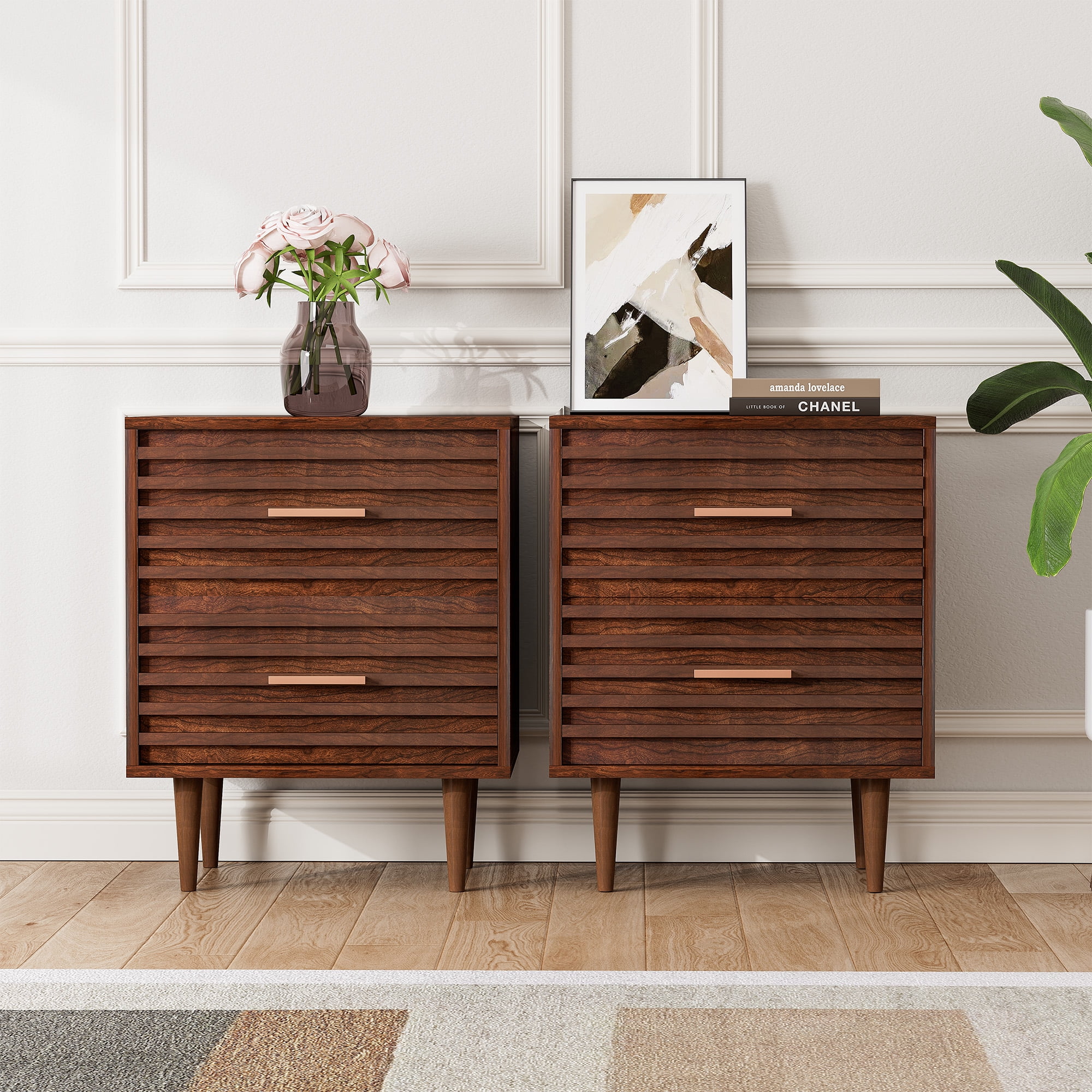 Alohappy Nightstands Set of 2, Mid Century Modern End Table with 2 Drawers, Vintage Wood Accent Side-Table for Living Room, Adult's Bedroom (Rustic Brown)
