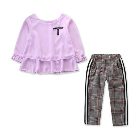 Casual Clothes Autumn Kids Baby Girl T-shirt Tops+Grid Pants Legging Outfits