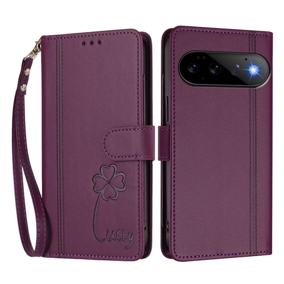 Lucky Clover Wallet Phone Case for Google Pixel 11/Pixel 11 Pro, 9 Card Slots Flip PU Leather Folio Cover with Hand Strap Kickstand Shockproof Protective Cash Pocket Phone Purse Case.B02Violet