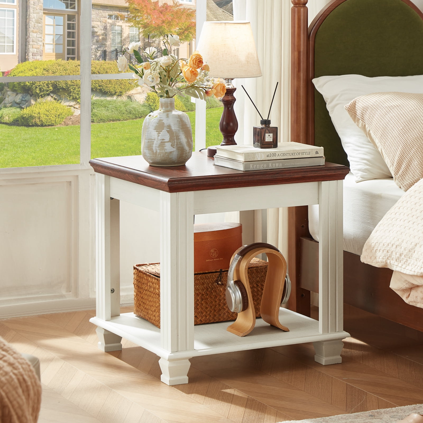 Buildhom Farmhouse End Table Set of 2, Large 2-Tier Side Table with Storage Shelf, Rustic Brown Square Tea Table for Living Room, White