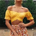 thumbnail image 4 of MRULIC t shirts for women Women's Fashion Ruffle Short Sleeve Off Shoulder Tie Up Back Crop Blouse Top Womens t shirts Yellow + L, 4 of 9