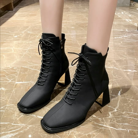 

ERTUTUYI LaceUp Retro Short Solid Comfortable Women Heels Booties Color High Shoes Women s Boots Black 39