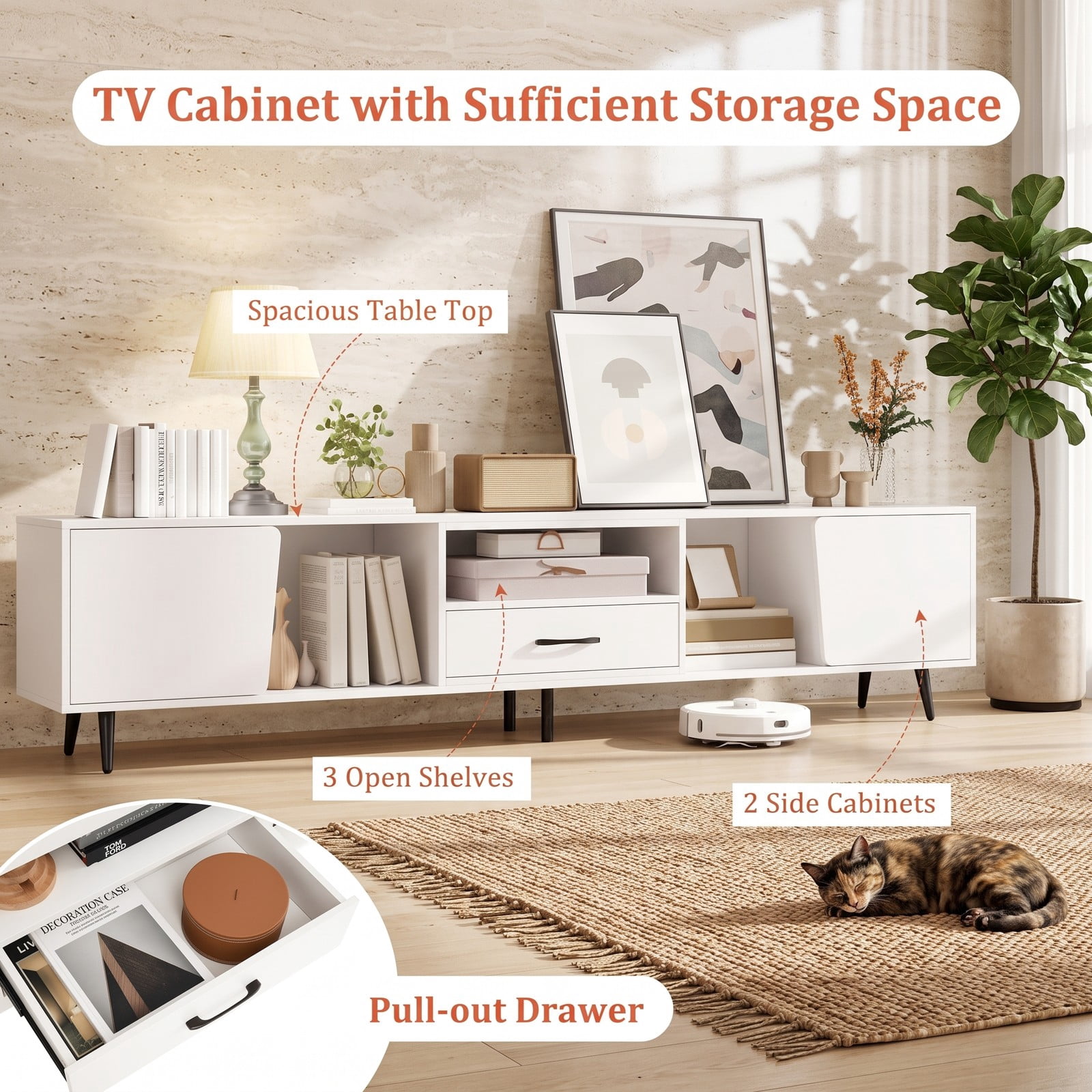 Furnibear 79 Inch TV Stand for TVs up to 90 Inches, Modern Mid Century Wood Entertainment Center Media Console Table with Storage Cabinet for Living, White and Black