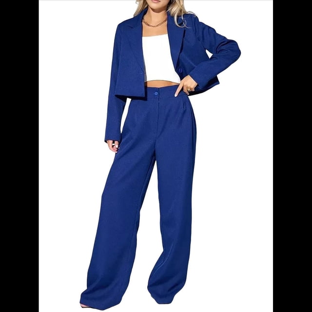 Conjuntos de 2 Piezas para Mujer: Blazer Elegante, Chaqueta, Pantalón Recto de Cintura Alta, Conjunto Informal de Negocios. Azul M