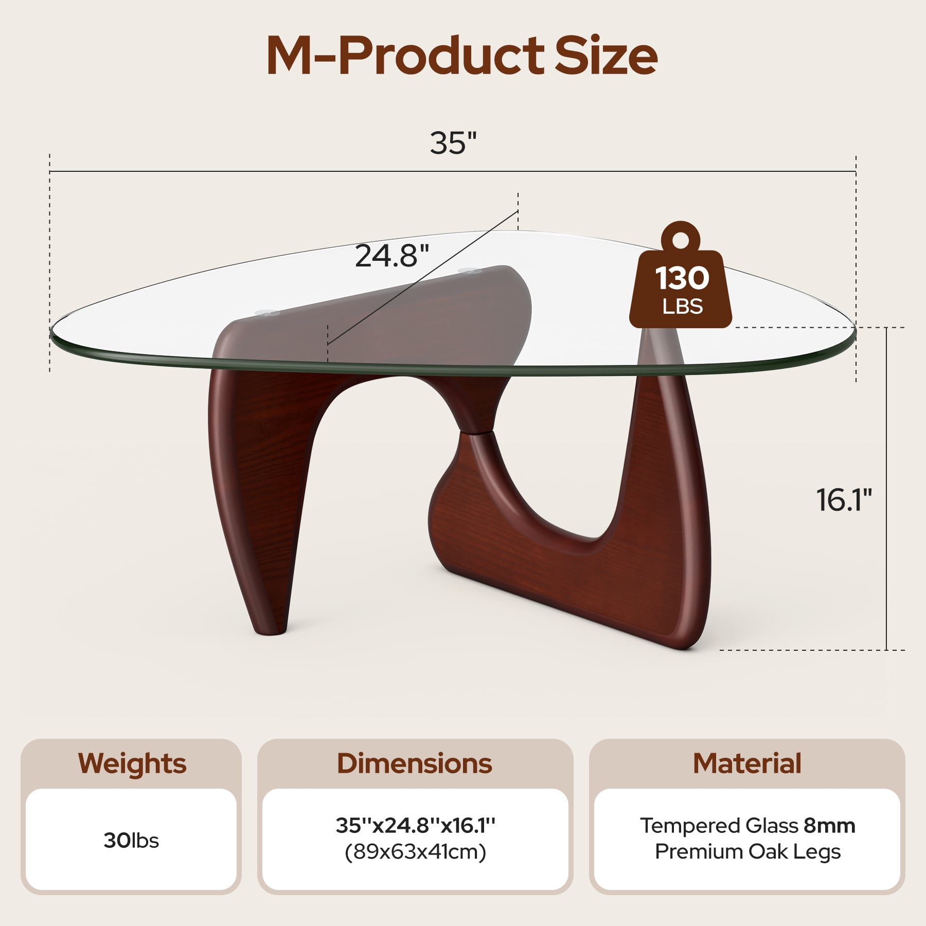 Modern Glass Coffee Table for Living Room for Bedroom Living Room, Office, Dark Walnut, 35"