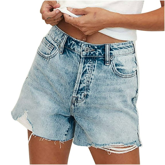 IROINNID Women's Versatile Casual Frayed Hem Stretchy Denim Shorts With Pocket