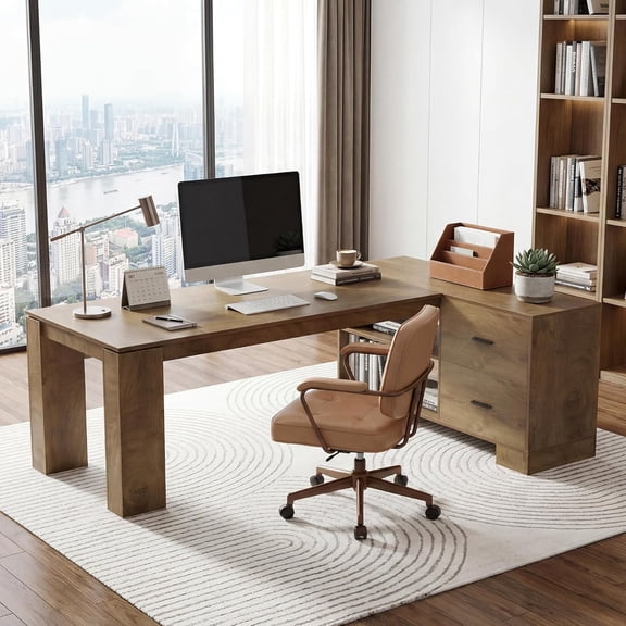 Finmind L Shaped Office Desk with Drawers, 78.7 inch  Large Executive Computer Desk with Open Shelves Storage, FarmhouseWooden L Desks Business Furniture, Brown