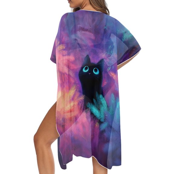 SCRAWLGOD Cat Leaf Print Long Kimono Swimsuit Cover Up Lightweight Quick Dry Swimsuit Coverup Casual Loose Bathing Suit Cover Up for Women