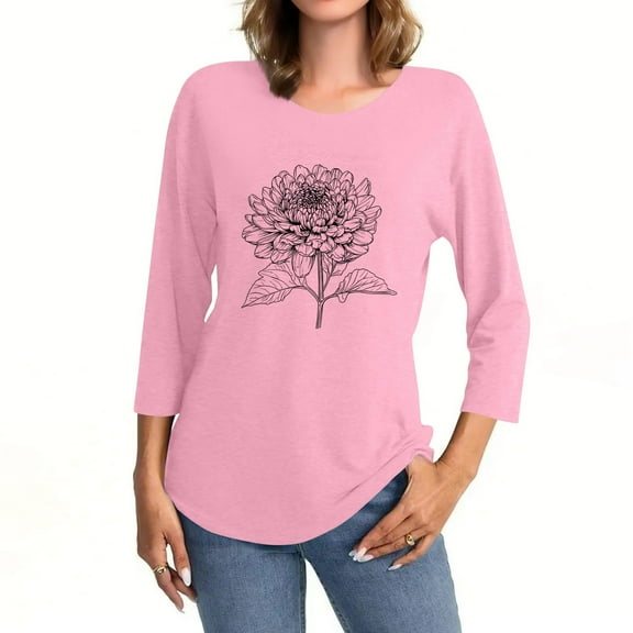 omen's Floral Print Stretchy Pullover Top - Trendy 3/4 Sleeve Casual Blouse Pink XL​​