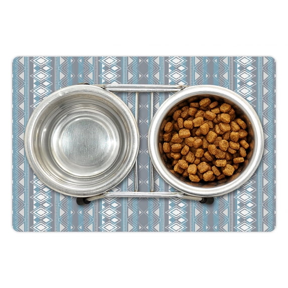 Tribal Pet Mat for Food and Water, Moroccan Geometric Border Image with Dots Triangles Artwork, Non-Slip Rubber Mat for Dogs and Cats, 18" X 12", by Ambesonne