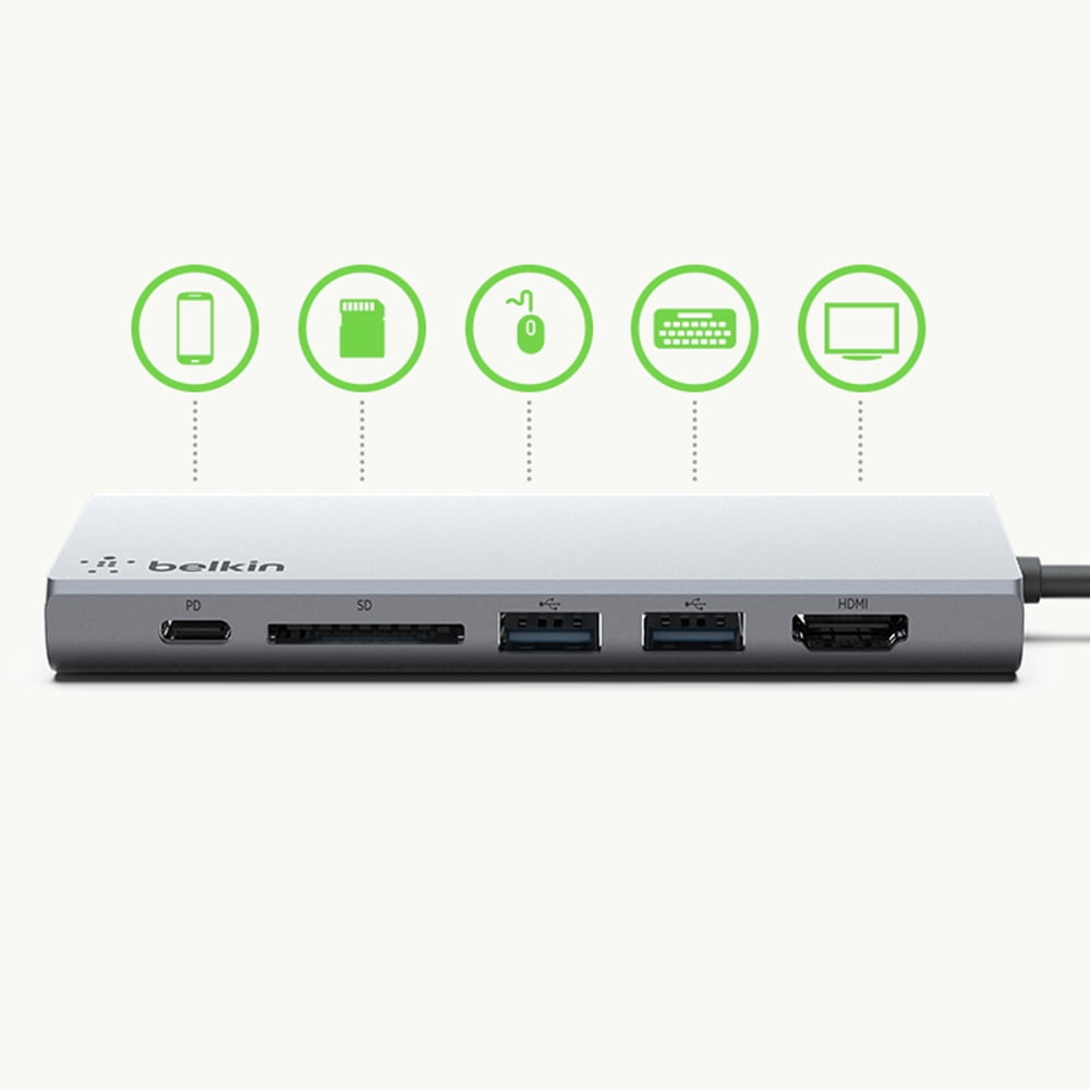 Belkin USB-C Hub, 5-in-1 MultiPort Docking Station - USB-C Docking Station for iPad, iPad Pro, iPad Mini & MacBook - 60W USB-C Power Delivery 3.0, 4K HDMI USB-A, USB-C, Ethernet & SD Card Ports