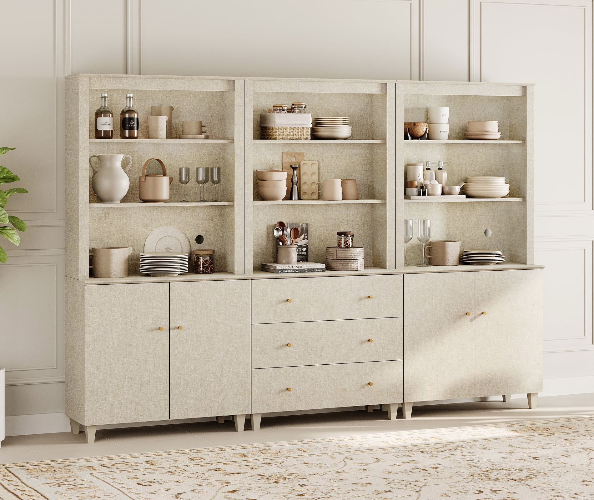 71" Tall Pantry Cabinet Set of 3, 5-Tier Kitchen Storage Pantries with 2 Cabinets and 3 Drawers, Modern Modular Storage Cabinets for Dining Room, Beige